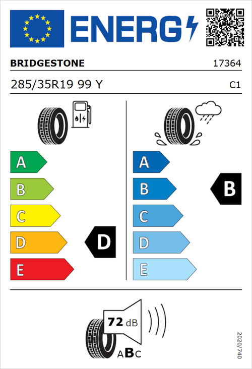 Tyre Label for Bridgestone Potenza RE050A 285/35R19 99Y