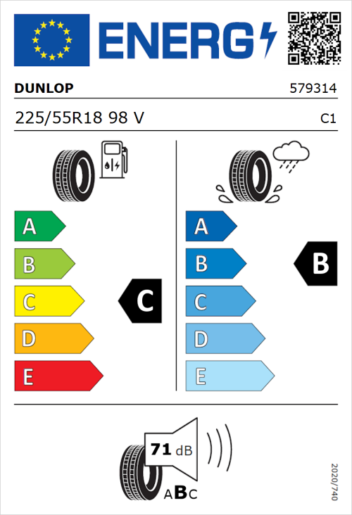 Tyre Label for Dunlop Sportmaxx RT 2 SUV 225/55R18 98V