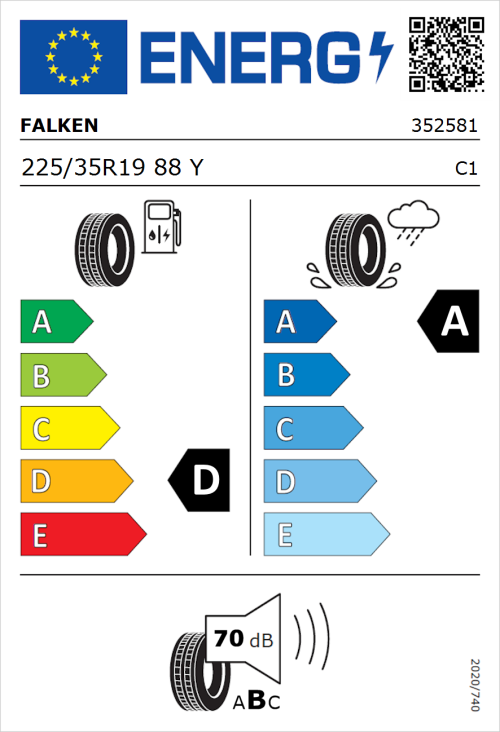 Tyre Label for Falken Azenis FK520 225/35R19 88Y