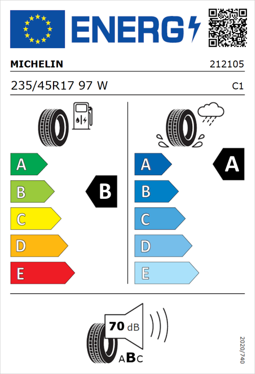 Tyre Label for Michelin Primacy 4+ 235/45R17 97W