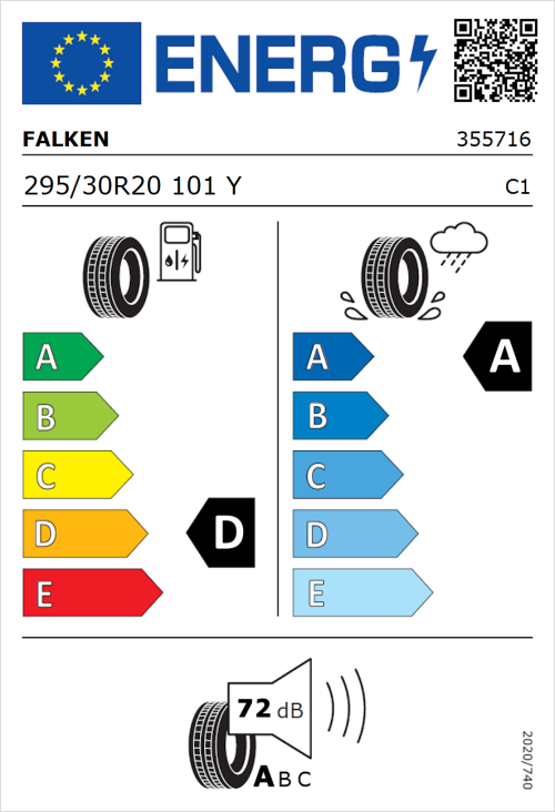 Tyre Label for Falken Azenis RS820 295/30R20 101Y