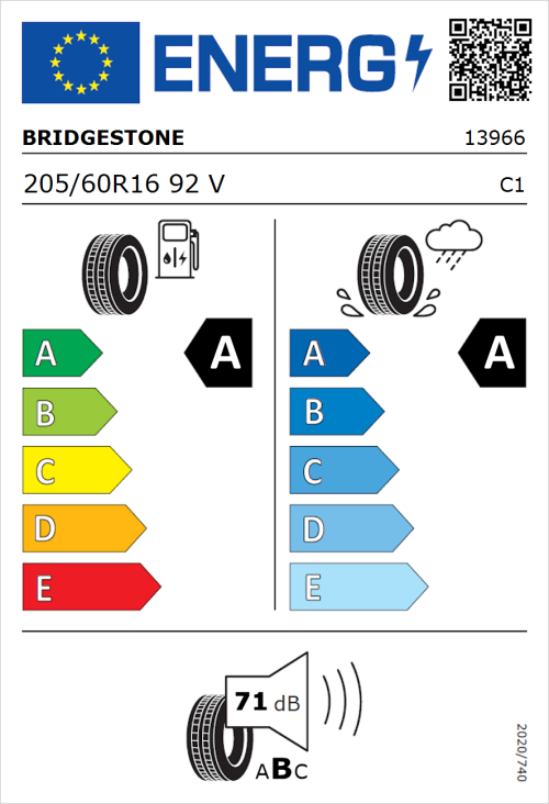 Tyre Label for Bridgestone Turanza Eco 205/60R16 92V