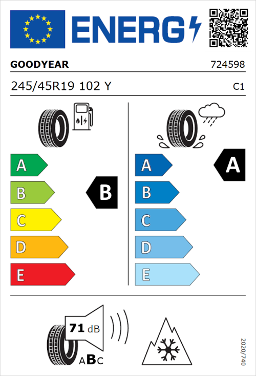 Tyre Label for Goodyear Vector 4Seasons Gen-1 245/45R19 102Y