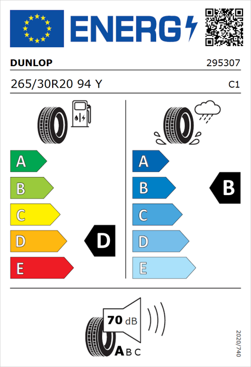 Tyre Label for Dunlop SP SPORTMAXX GT 265/30R20 94Y